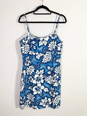 Jade Fashions Blue White Floral Hawaiian Print Spaghetti Strap Mini Dress